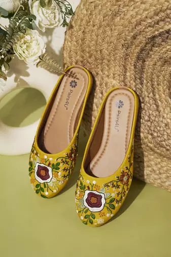 women's yellow ethnic embroidered slip-on mojari mules | traditional juttis for casual & festive wear