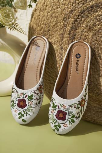 women's white ethnic embroidered slip-on mojari mules | traditional juttis for casual & festive wear