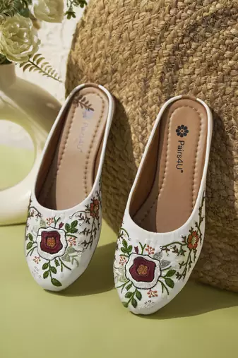 women's white ethnic embroidered slip-on mojari mules | traditional juttis for casual & festive wear