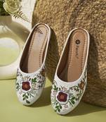 women's white ethnic embroidered slip-on mojari mules | traditional juttis for casual & festive wear
