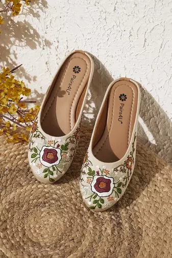 women's cream ethnic embroidered slip-on mojari mules | traditional juttis for casual & festive wear