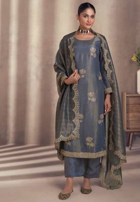 Blue & grey  embroidery & sequins work simar silk straight pant  - free size stitching (size upto 42") 1