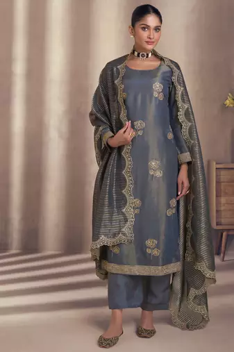 Blue & grey  embroidery & sequins work simar silk straight pant  - free size stitching (size upto 42")