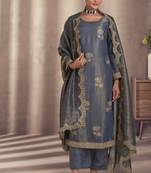 Blue & grey  embroidery & sequins work simar silk straight pant  - free size stitching (size upto 42")