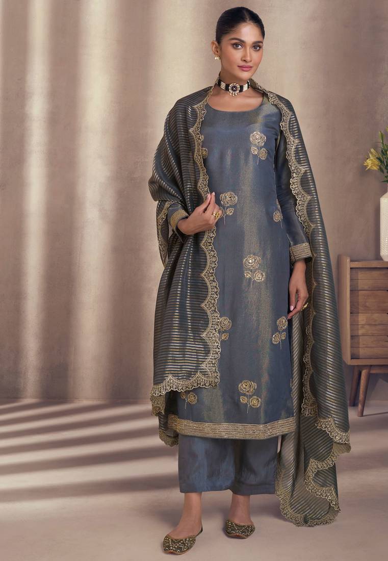 Blue & grey  embroidery & sequins work simar silk straight pant  - free size stitching (size upto 42")