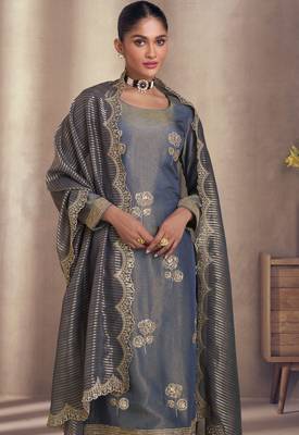 Blue & grey  embroidery & sequins work simar silk straight pant  - free size stitching (size upto 42") 2