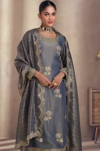 Blue & grey  embroidery & sequins work simar silk straight pant  - free size stitching (size upto 42")
