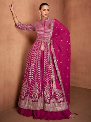 Pink  embroidery & sequins  work georgette anarkali pant  - free size stitching (size upto 42") 1