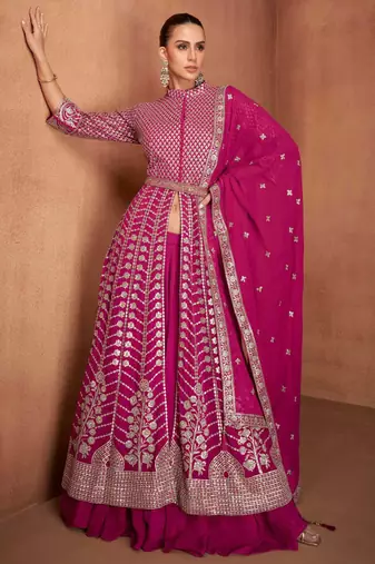 Pink  embroidery & sequins  work georgette anarkali pant  - free size stitching (size upto 42")