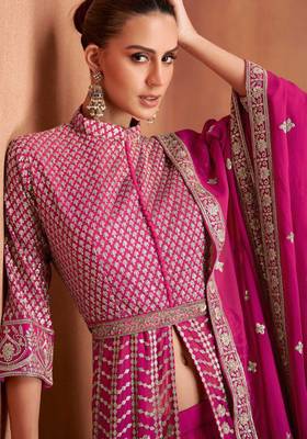 Pink  embroidery & sequins  work georgette anarkali pant  - free size stitching (size upto 42") 2