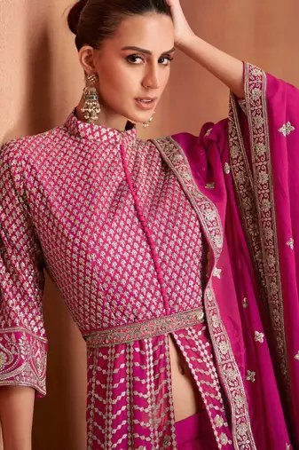 Pink  embroidery & sequins  work georgette anarkali pant  - free size stitching (size upto 42")