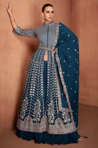 Teal  embroidery & sequins  work georgette anarkali pant  - free size stitching (size upto 42")