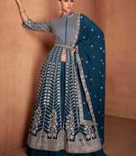 Teal  embroidery & sequins  work georgette anarkali pant  - free size stitching (size upto 42")