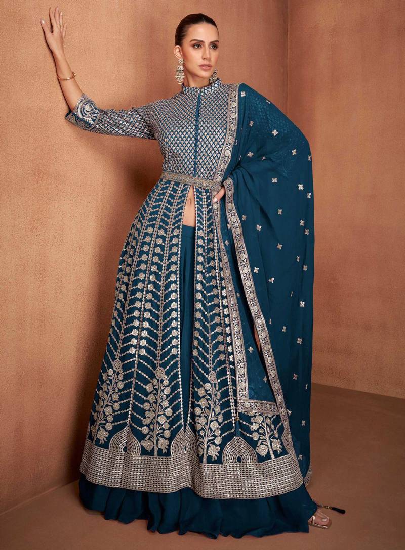 Teal  embroidery & sequins  work georgette anarkali pant  - free size stitching (size upto 42")
