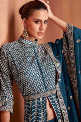 Teal  embroidery & sequins  work georgette anarkali pant  - free size stitching (size upto 42") 2