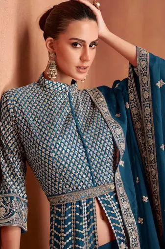 Teal  embroidery & sequins  work georgette anarkali pant  - free size stitching (size upto 42")