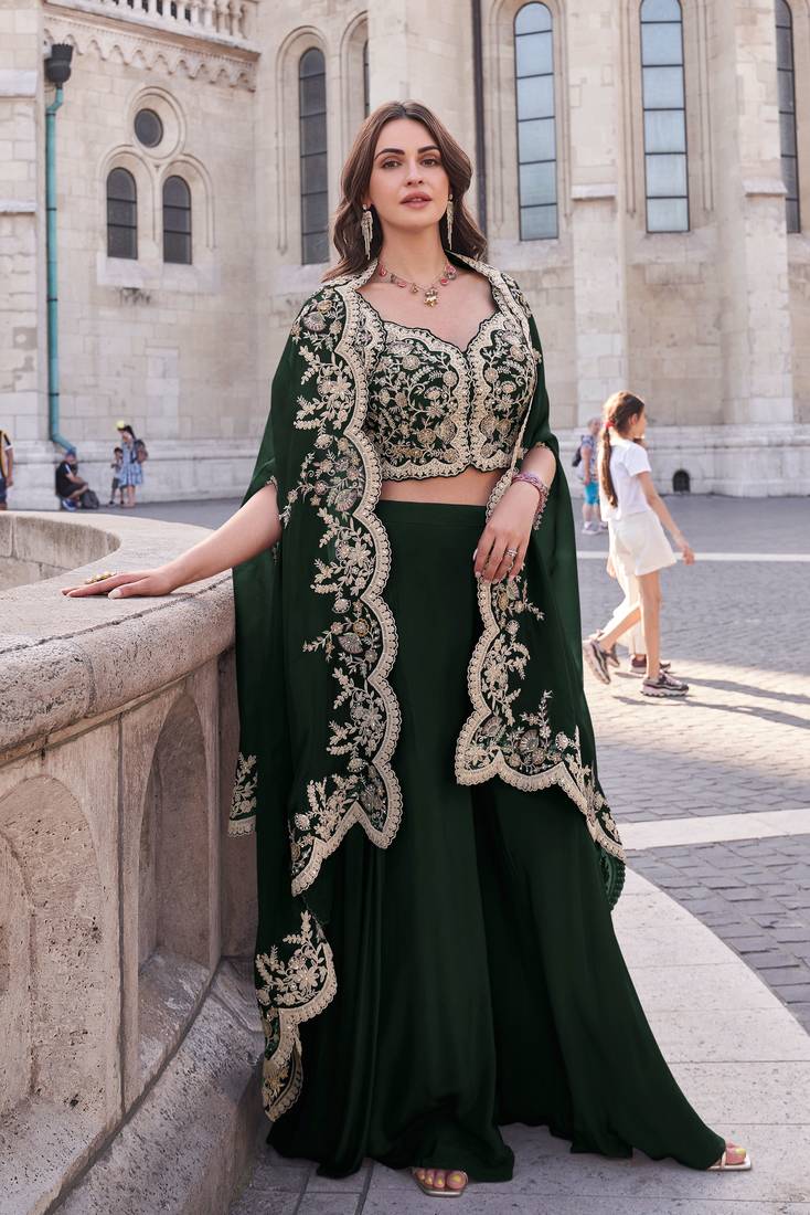 Black embroidery & sequins work silk blouse palazzo  - free size stitching (size upto 42")