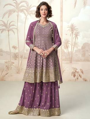 Lilac embroidery & sequins  work georgette anarkali palazzo- free size stitching (size upto 42") 1