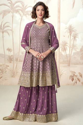 Lilac embroidery & sequins  work georgette anarkali palazzo- free size stitching (size upto 42")