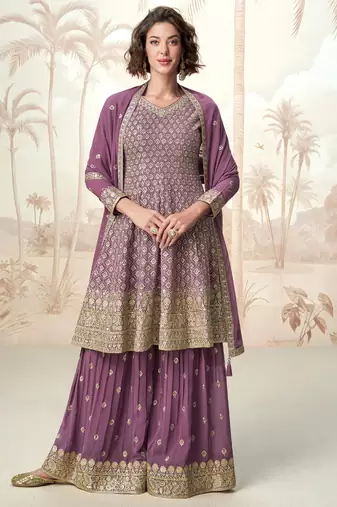 Lilac embroidery & sequins  work georgette anarkali palazzo- free size stitching (size upto 42")