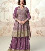 Lilac embroidery & sequins  work georgette anarkali palazzo- free size stitching (size upto 42")