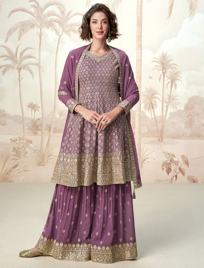 Lilac embroidery & sequins  work georgette anarkali palazzo- free size stitching (size upto 42")