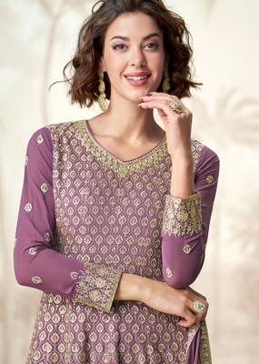 Lilac embroidery & sequins  work georgette anarkali palazzo- free size stitching (size upto 42") 2
