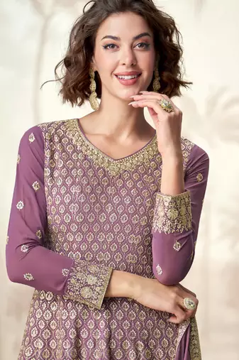 Lilac embroidery & sequins  work georgette anarkali palazzo- free size stitching (size upto 42")