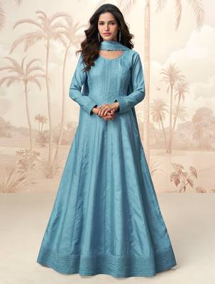 Blue embroidery & sequins  work silk gown- free size stitching (size upto 42") 1