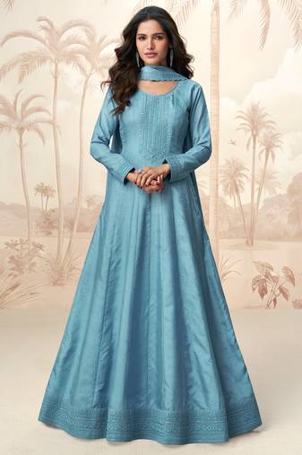 Blue embroidery & sequins  work silk gown- free size stitching (size upto 42")