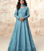Blue embroidery & sequins  work silk gown- free size stitching (size upto 42")