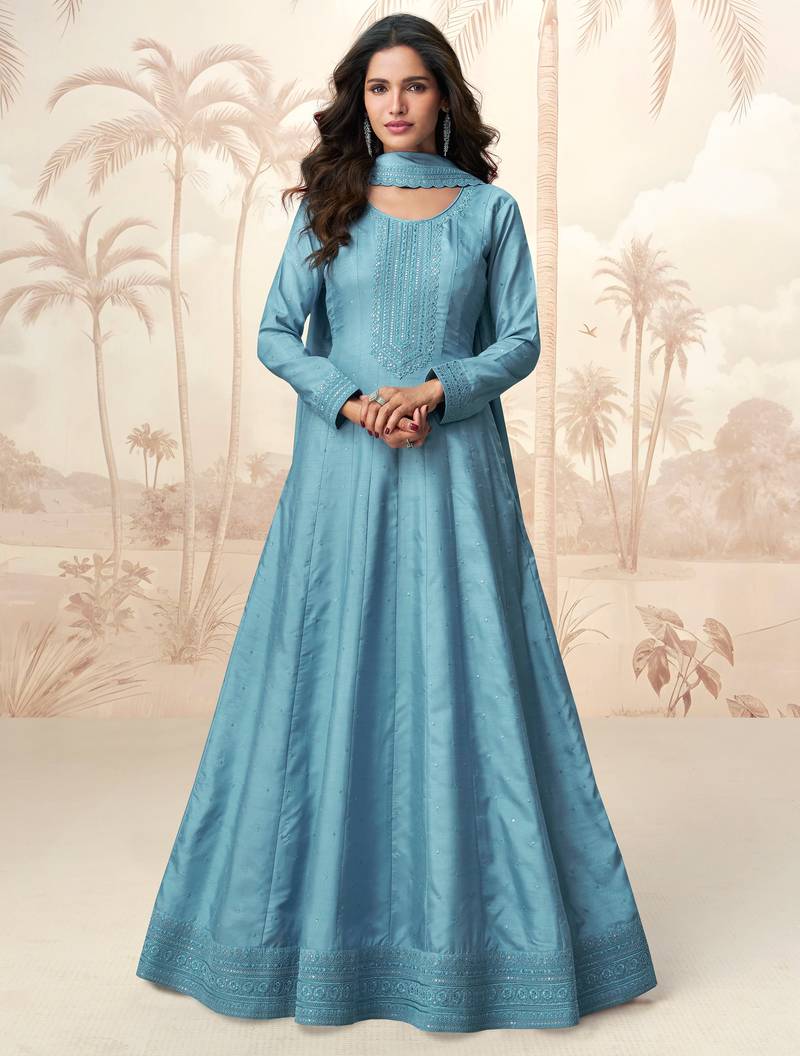 Blue embroidery & sequins  work silk gown- free size stitching (size upto 42")
