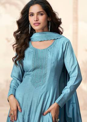 Blue embroidery & sequins  work silk gown- free size stitching (size upto 42") 2