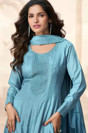 Blue embroidery & sequins  work silk gown- free size stitching (size upto 42")