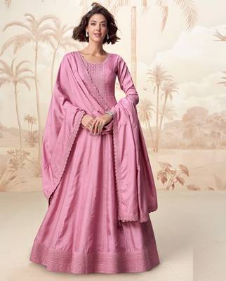 Pink embroidery & sequins  work silk gown- free size stitching (size upto 42") 1