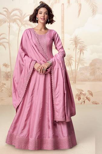 Pink embroidery & sequins  work silk gown- free size stitching (size upto 42")
