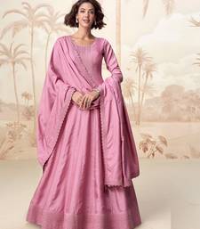 Pink embroidery & sequins  work silk gown- free size stitching (size upto 42")