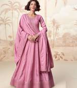 Pink embroidery & sequins  work silk gown- free size stitching (size upto 42")