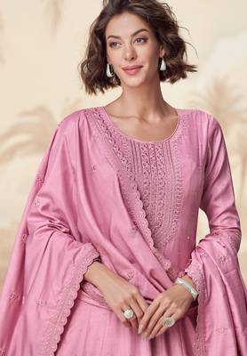 Pink embroidery & sequins  work silk gown- free size stitching (size upto 42") 2