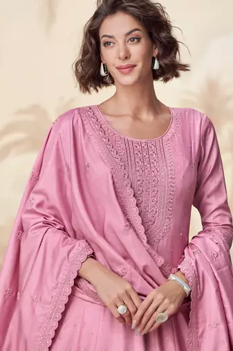 Pink embroidery & sequins  work silk gown- free size stitching (size upto 42")