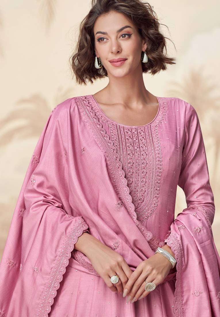 Pink embroidery & sequins  work silk gown- free size stitching (size upto 42")