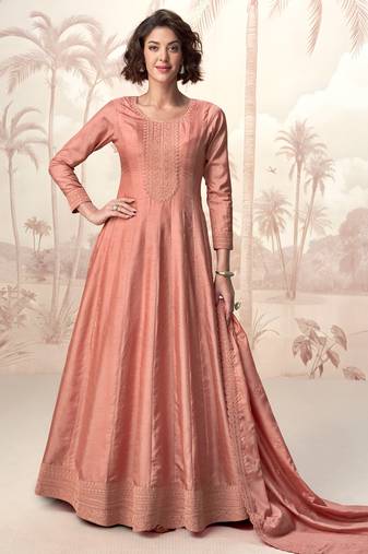 Peach embroidery & sequins  work silk gown- free size stitching (size upto 42")