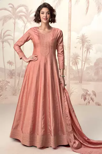 Peach embroidery & sequins  work silk gown- free size stitching (size upto 42")