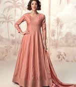 Peach embroidery & sequins  work silk gown- free size stitching (size upto 42")