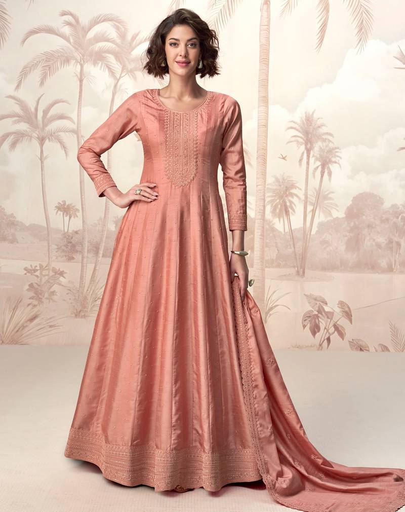 Peach embroidery & sequins  work silk gown- free size stitching (size upto 42")
