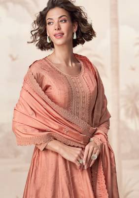 Peach embroidery & sequins  work silk gown- free size stitching (size upto 42") 2