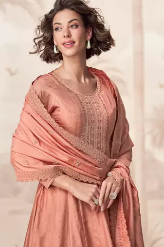 Peach embroidery & sequins  work silk gown- free size stitching (size upto 42")