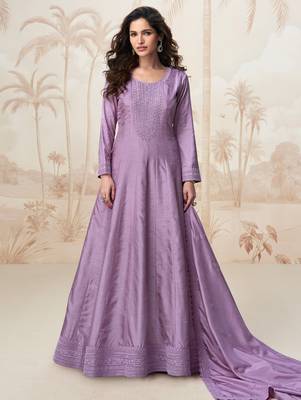 Lilac embroidery & sequins  work silk gown- free size stitching (size upto 42") 1
