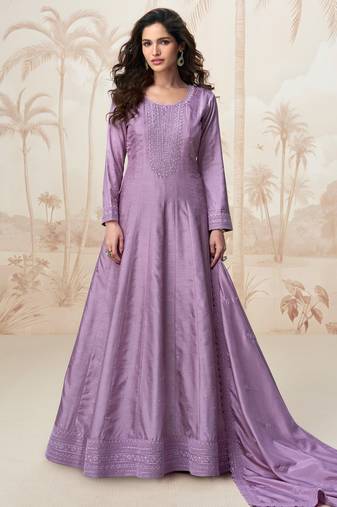 Lilac embroidery & sequins  work silk gown- free size stitching (size upto 42")