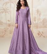 Lilac embroidery & sequins  work silk gown- free size stitching (size upto 42")